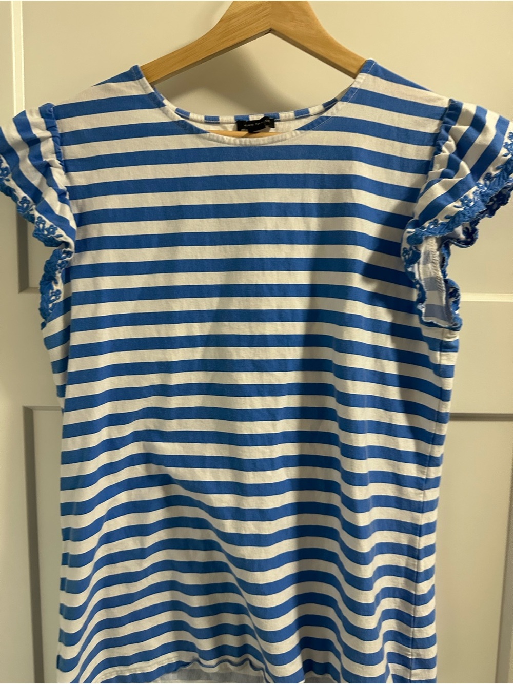Ann Taylor Blue and White Striped Ruffle Sleeve Top